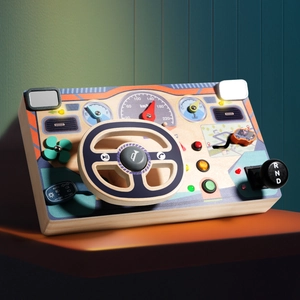 Kids wooden steering wheel busy board educational toy with simulated driving dashboard