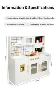Detail view of wooden play kitchen featuring white design with golden faucet and knobs