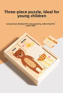 Vue détaillée de puzzles en bois de 3 pièces pour enfants avec boîte de rangement
