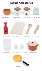 Detailed view of 12-piece wooden kitchen toy set including pans, pots, and utensils