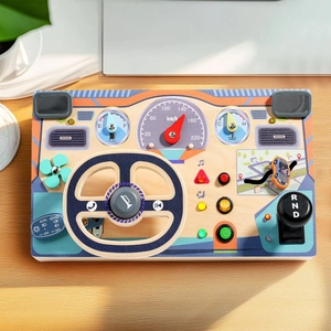 Wooden Montessori steering wheel toy for kids featuring simulated driving dashboard and controls