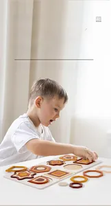 Toddler hands playing with wooden geometric shape sorting puzzle for cognitive learning