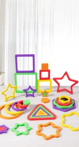 Detailed macro view of colorful geometric 3D wooden puzzles for early toddler education