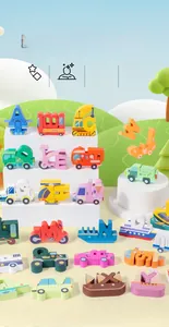 Close-up of wooden alphabet puzzle pieces shaped like colorful vehicles for early learning