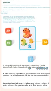 Educational dinosaur logic card game with four colorful numeric dice for kids' learning