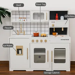 White wooden kitchen toy set with realistic lights, sounds, and golden faucet hardware