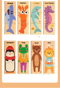 Huit ensembles de puzzles d'animaux en bois de trois pièces avec étiquettes éducatives