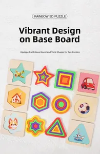 Detail of Montessori 3D wooden shape puzzle with nested layers and colorful cartoon patterns