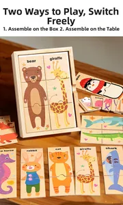 Détail de puzzles animaux en bois avec noms d'animaux et boîte de rangement en bois