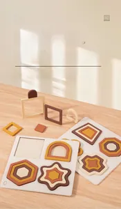 Detailed view of geometric nesting wooden puzzle in warm earth tones for shape learning