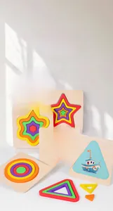 Detail of wooden 3D rainbow geometric puzzle blocks and sailboat illustration board