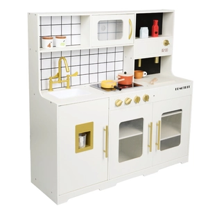 Nordic white wooden kids play kitchen set with golden hardware and accessories