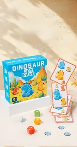 Detail of Dinosaur Joy Race board game showing cards, dice and colorful tokens