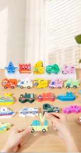 Educational 3D wooden letter puzzles for kids featuring colorful vehicle shapes and hand play