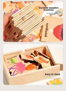 Détails des puzzles animaux en bois épais avec mots anglais et boîte de rangement pratique