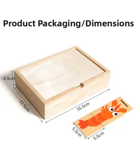 Détail du puzzle en bois homard avec mot anglais et dimensions de la boîte de rangement
