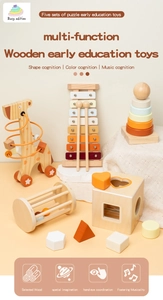 Detail of wooden musical xylophone, stacking tower and shape sorter set for early learning