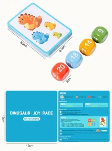 Detail view of dinosaur memory cards, score tokens, colorful dice and game rules manual