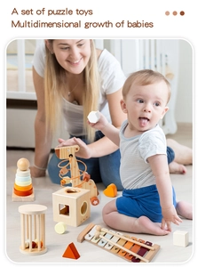 Close-up of wooden Montessori toy set including xylophone and bead maze for toddlers