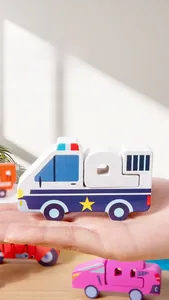 Close-up of wooden police car toy with smooth edges for toddlers' cognitive play