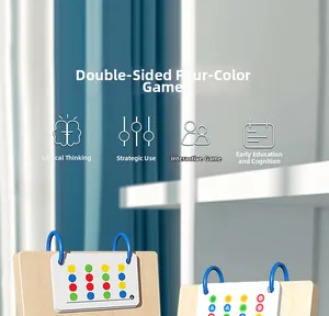 Detailed view of wooden logic puzzle board with colorful challenge cards for early learning