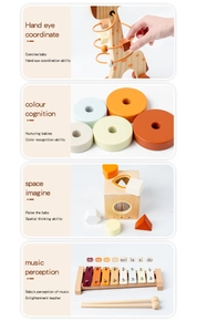 Detail of wooden musical toy set with xylophone and stacking blocks in macaron colors
