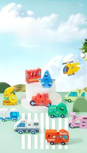 Detailed macro shot of colorful 3D educational alphabet blocks transforming into toy vehicles