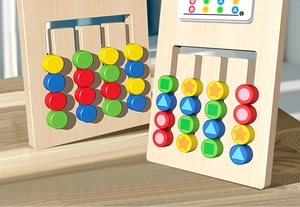 Close-up of wooden logic game board with colorful geometric sliders and challenge cards