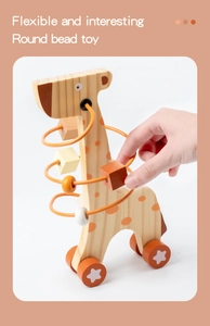 Macro detail of wooden giraffe bead maze toy with colorful beads and natural wood grain