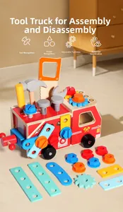 Detailed view of wooden fire truck parts with colorful nuts, bolts, and assembly tools