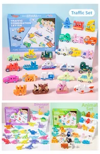 Detail of wooden 3D alphabet blocks transforming into colorful animals and vehicles