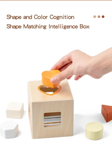 Action shot of child placing heart-shaped block into wooden matching box for learning