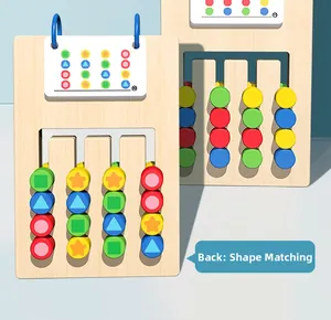 Detail of double-sided wooden puzzle toy showing shape and color matching sliders