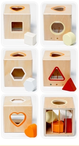Detailed six-grid view of wooden geometric shape sorter toy with colorful blocks
