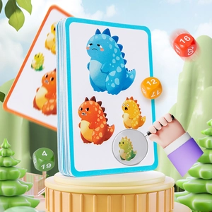 Dinosaur double-sided puzzle cards with polyhedral dice in a 3D forest scene