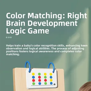 Close-up of wooden color sorting game showing puzzle cards and logical matching task
