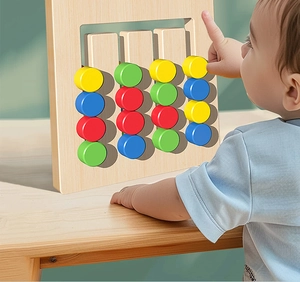 Detail of child moving colorful wooden pegs on a Montessori logic sorting puzzle