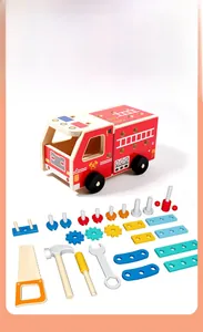 Detail of wooden fire truck toy parts including wrench, hammer, and colorful screws