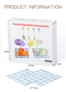 Detailed size specifications for kids pretend play kitchen accessories set with blue napkins