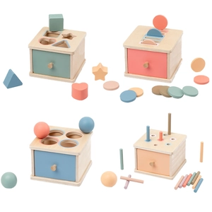 Montessori wooden educational toy set with shape sorting and color matching coin boxes