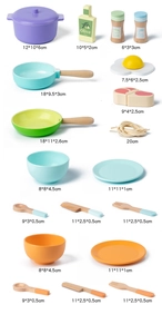 Detailed view of wooden mini kitchen set accessories with pans, bowls, and seasonings
