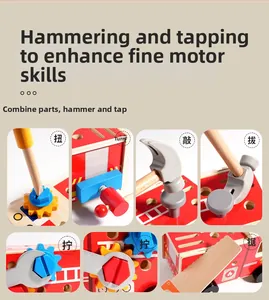 Detail of wooden toy truck with wrench, screwdriver, and hammer for fine motor skills