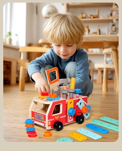 Close-up of wooden fire truck toy parts with colorful nuts, bolts, and assembly tools