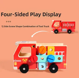 Detail view of wooden fire truck toy with colorful screws and shape assembly boards