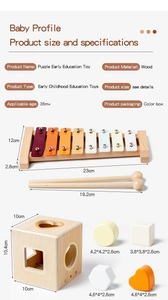 Detailed dimensions of wooden xylophone and shape sorter educational toy set