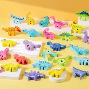Educational colorful 3D wooden dinosaur alphabet puzzles for kids learning and play