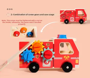 Detail view of wooden fire truck toy showing screw assembly and colorful gear mechanics