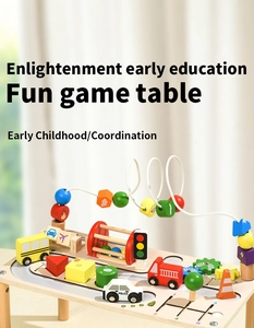 Close-up of wooden activity table featuring colorful bead maze and gear puzzle toys