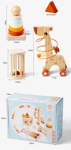 Detailed view of Montessori wooden educational toy set with dimensions and packaging box