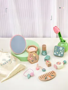 Detailed view of 11pcs wooden pretend makeup toy set with floral prints and a makeup bag